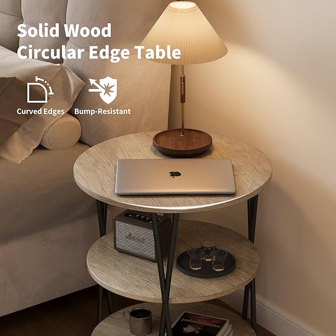 23 Inch Round Side Table 3-Tier End Table Living Room Small Patio Table Nightstands Round Coffee Table Spacious Top for Couch Bedroom 3 Storage Shelves Accent Coffee Table, Caramel Gray