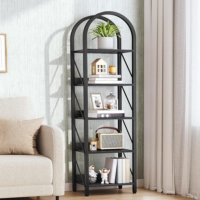 HOOBRO Bookshelf, 5-Tier Arched Bookshelf, Industrial Bookcase with Metal Frame, Tall Book Shelf Storage Organizer for Living Room, Office, Bedroom, Black BB425SJ01
