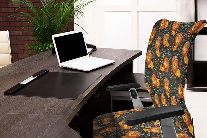 Ambesonne Cartoon Office Chair Cover, Lions Illustrations Tribal Theme Feathers and Floral Strokes King of The Jungle, Stretchable Decorative Universal Size High Back Printed Slipcover, Orange Black