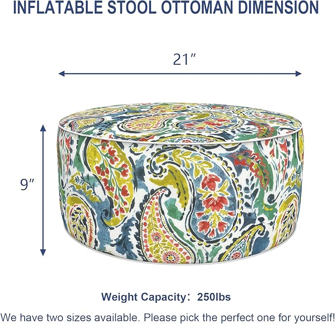 Outdoor Patio Inflatable Ottoman, 21x9 Inch Portable Stool Ottoman with Handle, Round Footrest Stool for Home Garden Camping, Paradise Paisley