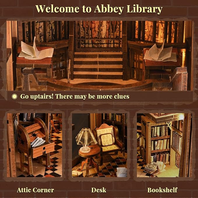 MiniCity Book Nook Kit, DIY Miniature Dollhouse Booknook Kit, 3D Wooden Puzzle Bookend Bookshelf Insert Decor with LED Light for Teens and Adults (Abbey Library)