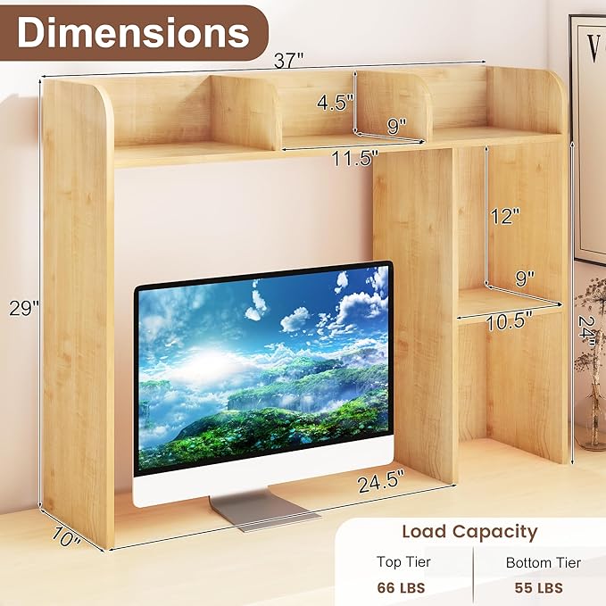 WAYTRIM Desk Shelf, Desk Hutch 3-Tier Desktop Bookshelf & Desk Organizer Shelf for Top of Desk, Wood Desktop Storage Shelf for Dorm, Office, Small Space, Desk Organizers and Accessories