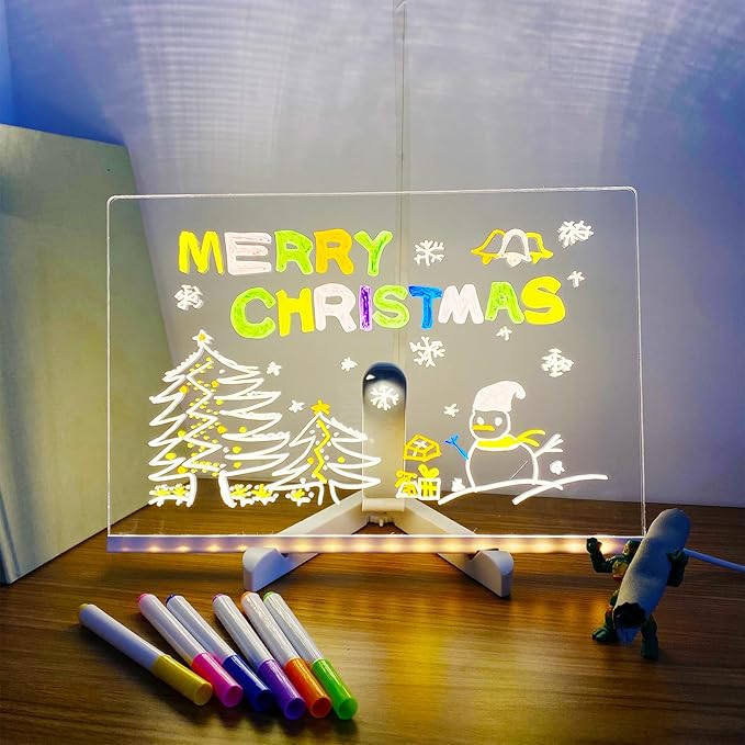 Acrylic Dry Erase Board with Light 12 * 8”, LED Note Board with Colors, as a Glow Memo LED Letter Message Board Note Glass Led Board White Board with 7 Colors Pen