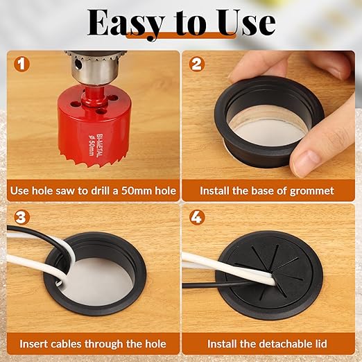 8 Pcs Black Desk Grommet, 2 Inch Desk Hole Cover for Cables, Grommet Cover with Hole Saw for Table Cables Wire Home Office