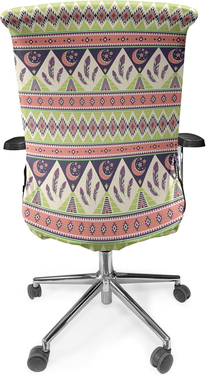 Ambesonne Aztec Office Chair Cover, Bohemian Composition of Crescent Stars and Feathers, Stretchable Decorative Universal Size High Back Printed Slipcover, Green Coral