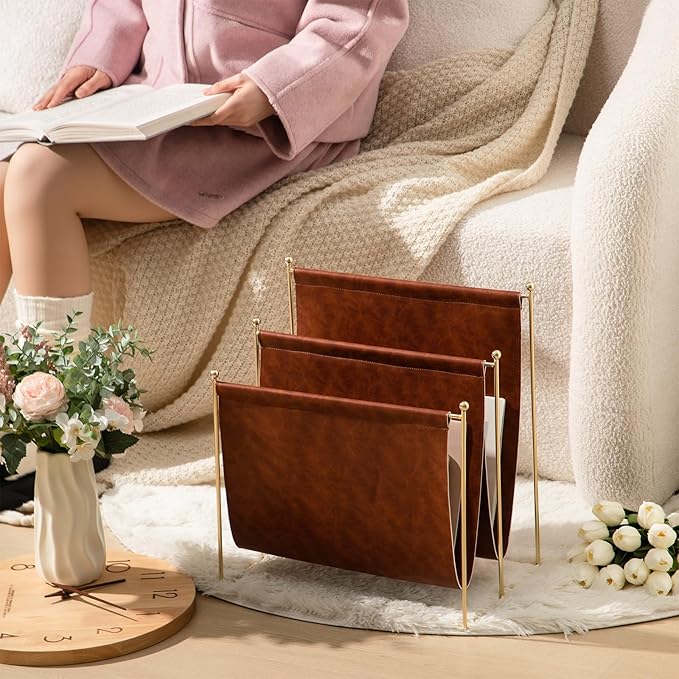 Domensi 2 Tier Leather Magazine Rack, 16 x 14 Inch Floor Standing Magazine Holder, Metal Wire Newspaper Organizer for Home Office, Living Room, Decorative Book Storage Rack for Books, Newspapers