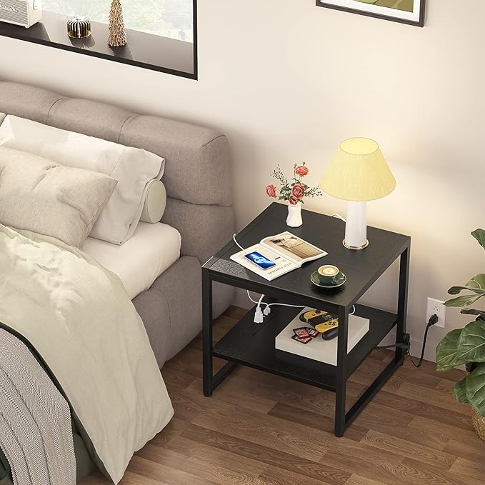 Homieasy End Table with Charging Station, 20" Mini Fridge Stand with Power Outlets, Heavy Duty Side Table for Living Room, Small Table Stand & Fridge Table, Black