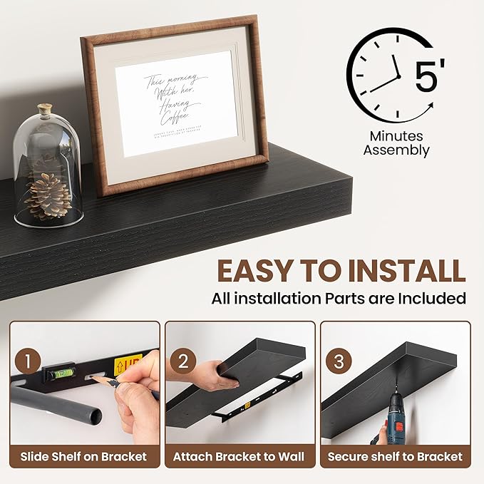 Acovy 72 Inch Floating Shelves for Wall 1 Pack, 72" Wall Shelves for Books, Storage, Decor, Wall Mounted Floating Shelf with Invisible Brackets for Kitchen, Living Room, Black