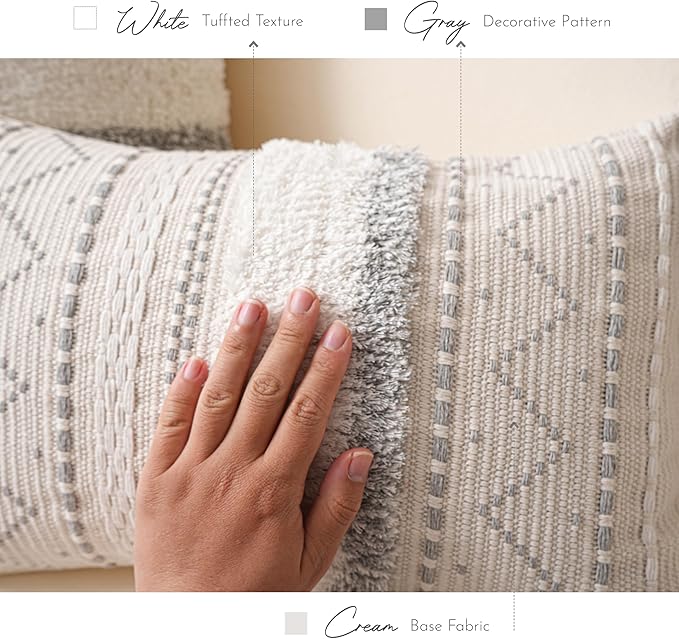BlissBlush Decorative Lumbar Throw Pillow Covers 12x20 Combo Set of 2 Gray Rectangular Boho Accent Pillowcase Neutral Grey Farmhouse Cushion for Couch Sofa Bedroom Living Home Décor Cover ONLY