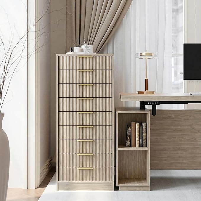 9 Drawer File Cabinet, Wooden Office Cabinet with Drawers, Fluted Storage Filing Drawer for Home Office, Light Walnut