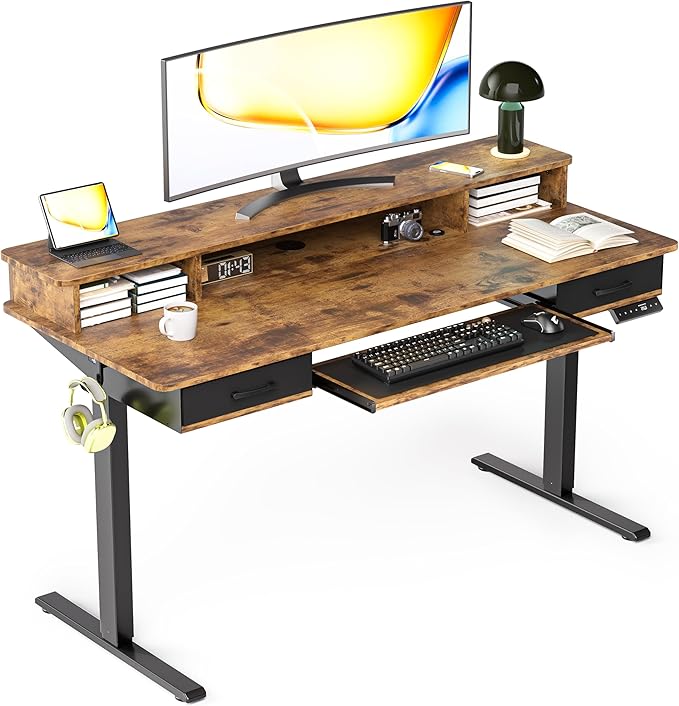 Electric Standing Desk with Keyboard Tray, 55x24 Inches Height Adjustable Stand up Desk with 2 Drawers, Ergonomic Sit to Stand Table with Storage Monitor Stand, Rustic Brown