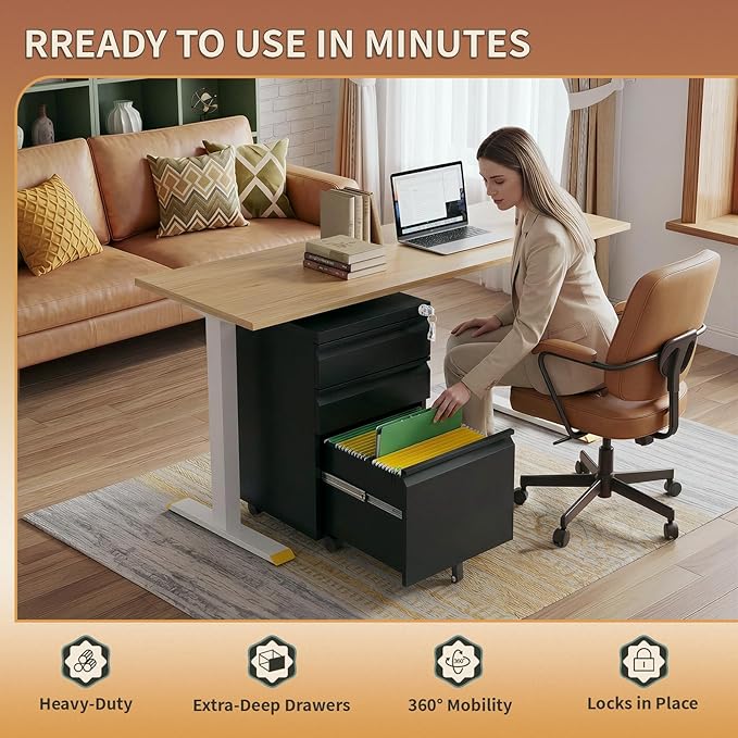 3 Drawer Metal File Cabinet with Lock and Wheels, Mobile Under Desk Filing Cabinet for Home Office, Lockable Organizer for Letter/Legal/A4, Rolling Storage Cabinet for Office & Study, Black