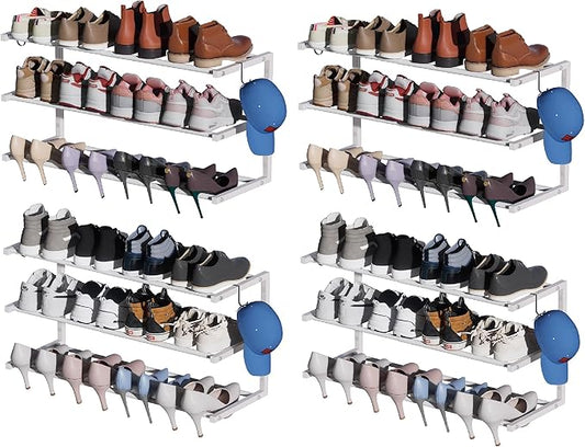 4 Pack Wall Mounted Shoe Rack, 3 Tier Hanging Shoe Rack Holds 48 Pairs, 17"-30"Adjustable Heavy Duty Metal Shoe Organizer Holder with 8 Storage Hooks, Space Saving for Closet Entryway Doorway（White)