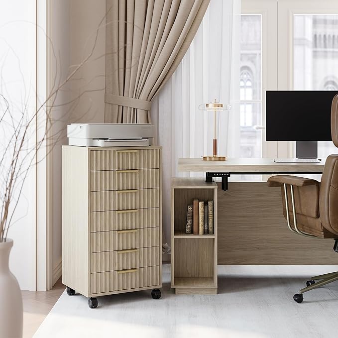 7 Drawer File Cabinet, Wooden Office Cabinet with Drawers, Fluted Storage Filing Drawer for Home Office, Light Walnut