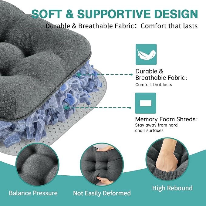 BETU Chair Cushions for Dining Chairs Set of 2,3.5" Thick Kitchen Table Chair Pads with Ties,Non Slip Backing and Covers, Seat Cushion for Dining Room,Bar,Patio Chairs,15.5"X15.5"X3.5",Dark Grey