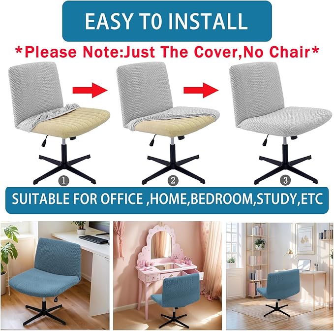 Vanity Chair Cover Criss Cross Chair Cover Elastic Armless Chair Slipcover Armless Chair Covers Office Chair Covers (Blue,Just The Cover,No Chair)
