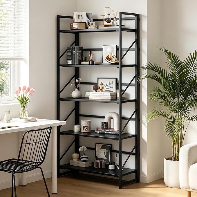 JSB No Assembly Folding Bookshelf, 5 Tier Industrial Metal Book Shelf for Storage, Vintage Wood Foldable Bookcase for Living Room, Bedroom, Office Organization Shelves