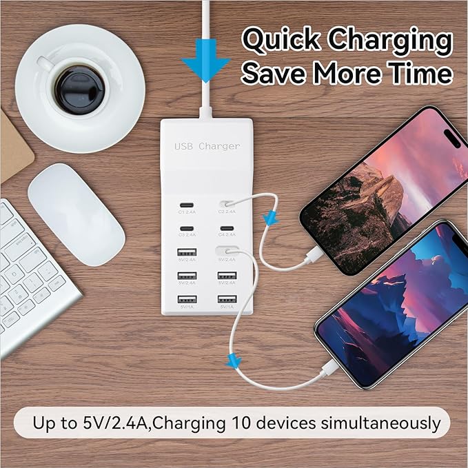 USB Charging Station with 6 USB-A and 4 USB-C Ports, 50W 10A USB Charger Block for Smart Phone, Tablet, Laptop, Multiple Devices - USB Power Strip with Auto-Detect Technology