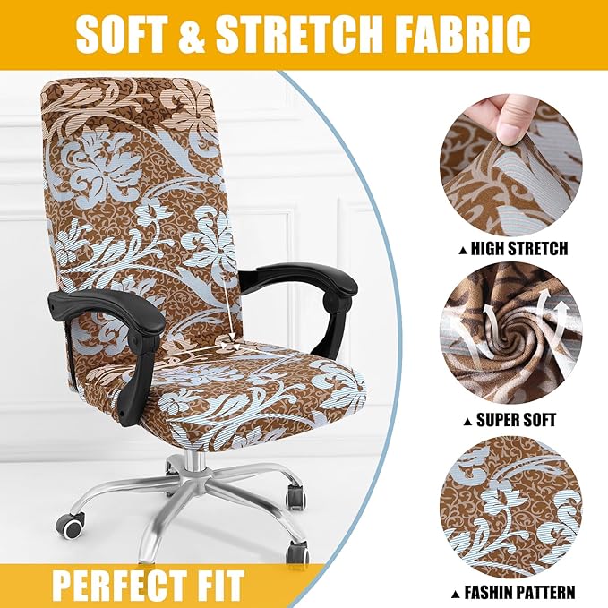 Smiry Stretch Printed Office Computer Chair Covers, Universal Desk Rotating Chair Slipcovers Removable Washable, Soft Fit Anti-Dust Spandex Protector Cover with Zipper, Brown and Blue
