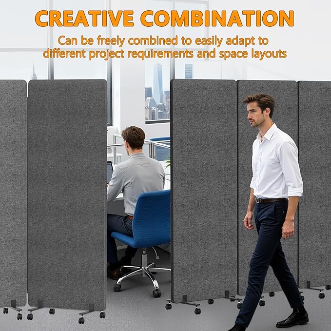 72"x66" Soundproof Room Divider Panel with Wheels, Office Partition Wall 3 Panel Portable Room Temporary Wall Privacy Screen for Office Home Classroom Divider Freestanding Dark Gray