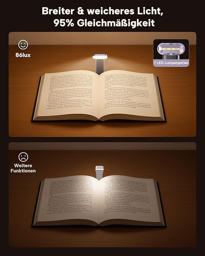 86lux Book Light, Reading Light for Book in Bed, USB Rechargeable LED Night Light with 3 Colors & Stepless Dimming, Aluminum Alloy Bookmark Light for Book Lovers, Lavender