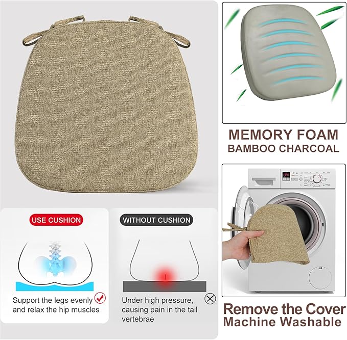 SINOSSO 4 Pack Memory Foam Chair Cushions for Dining Chairs, Friendly Woven Fabric 16" U-Shape Comfortable Kitchen Chair Pads, Removable Slip Resistant Seat Cushions (Set of 4, Linen)