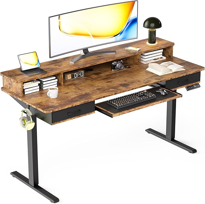 Electric Standing Desk with Keyboard Tray, 63x24 Inches Height Adjustable Stand up Desk with 2 Drawers, Ergonomic Sit to Stand Table with Storage Monitor Stand, Rustic Brown