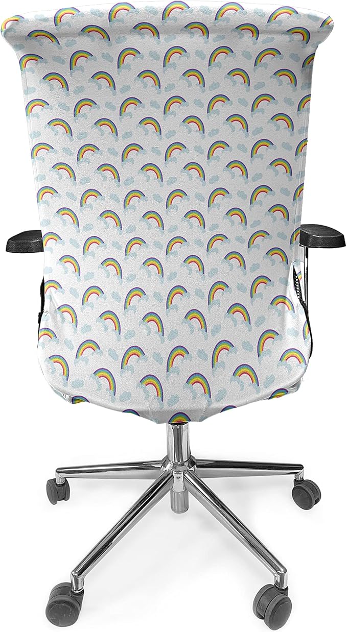 Ambesonne Rainbow Office Chair Cover, Rainbows Over Clouds Dreamy Sky Creative Joyful Playroom, Stretchable Decorative Universal Size High Back Printed Slipcover, Blue Red Yellow