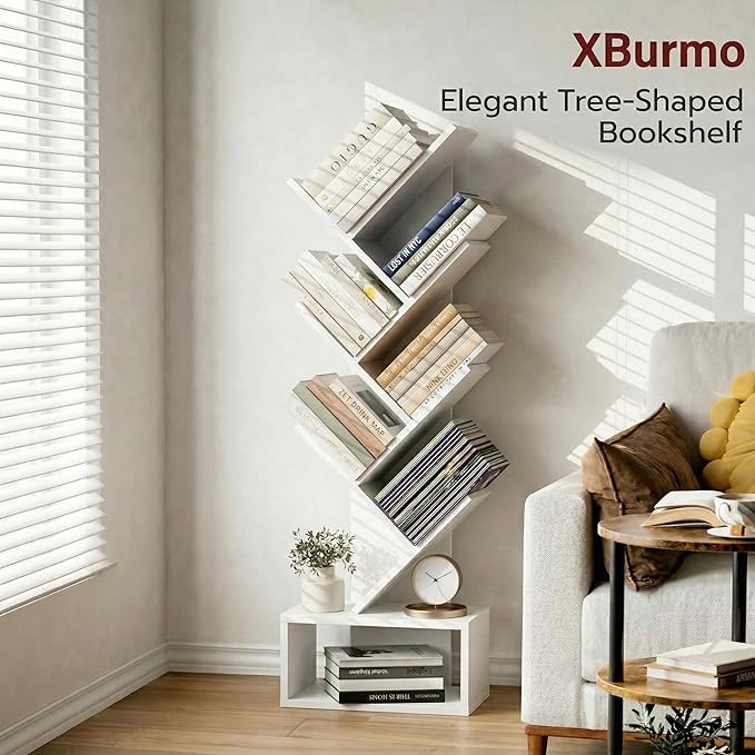 XBurmo 6 Tier Tree Book Shelf - Small Bookshelf Decor, Corner Bookshelf, Living Room Storage, Tall Narrow DVD & CD Shelf Storage Bookshelves, Comic Bookcases Standing for Bedroom or Office, White