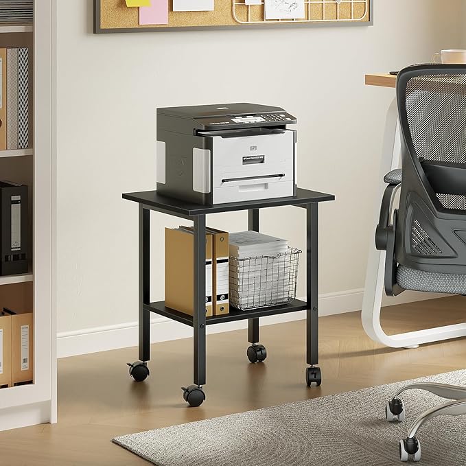 ALISENED Printer Stand with Lockable Wheels, 2-Tier Industrial Printer Shelf with Storage Shelf & Steel Frame for Space-Saving, Heavy Duty Under Desk Printer Table for Home and Office, Black