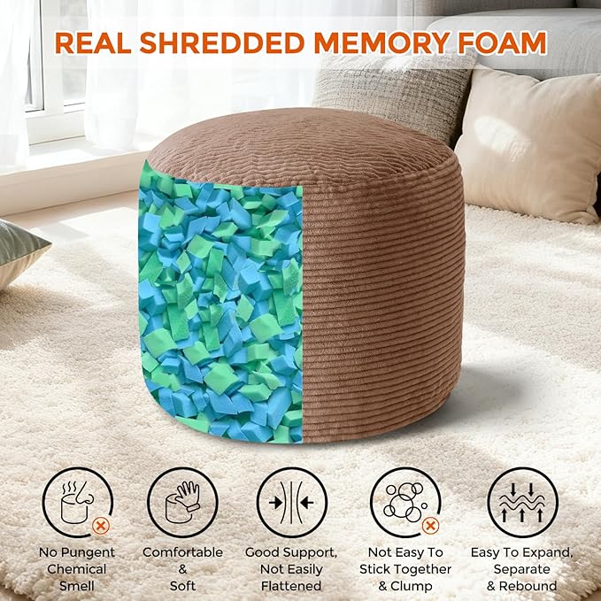 26" x 26" x 18" Pouf Ottoman Foot Rest, Pre-Stuffed Round Foot Stool with Odorless Shredded Memory Foam, Furry & Fluffy Corduroy Footrest for Living Room, Brown