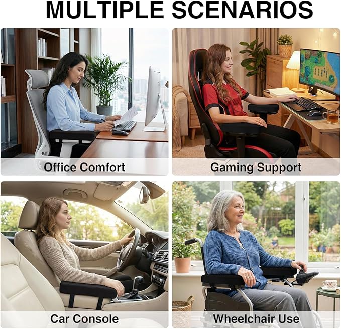 Smiry Ergonomic Office Chair Armrest Pads, Memory Foam Arm Rest Covers, Non-Slip Armrest Cushion with Adjustable Buckles and Straps, Elbow Relief for Desk, Gaming & Wheelchair (Black, Set of 2)