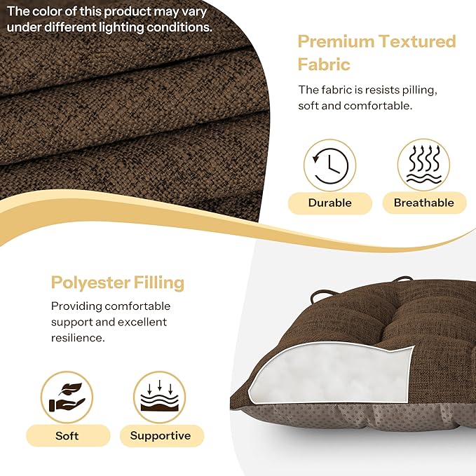 Chair Cushions for Dining Chairs Set of 2 Durable D-Shaped Seat Cushions with Non-Slip Backing Secure Ties Thick Cozy Seat Pad for Kitchen Dining Room Office(18x16.5x3in Coffee)