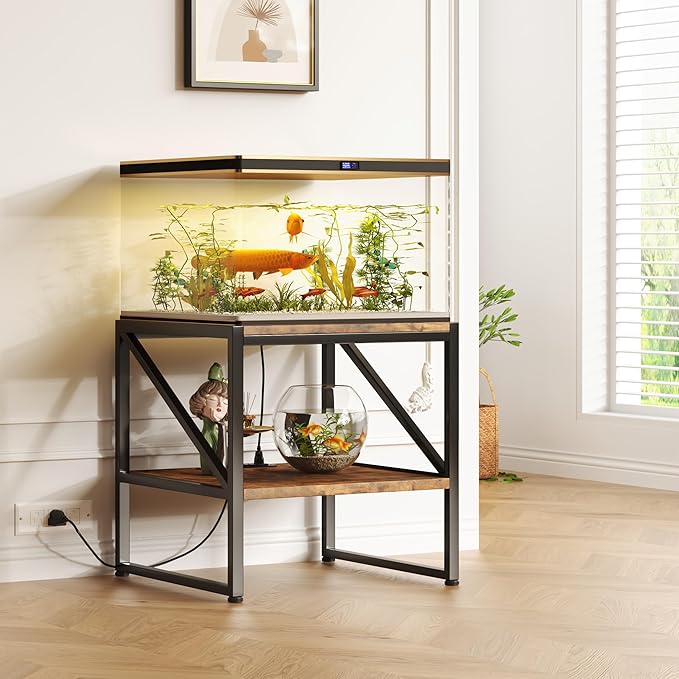 Mexin End Table with Charging Station, 20 Inch Square Printer Stand with USB Ports & Power Outlets, Mini Fridge Stand with 2-Tier Storage Shelf Adjustable, Industrial Wood Nightstand for Small Spaces