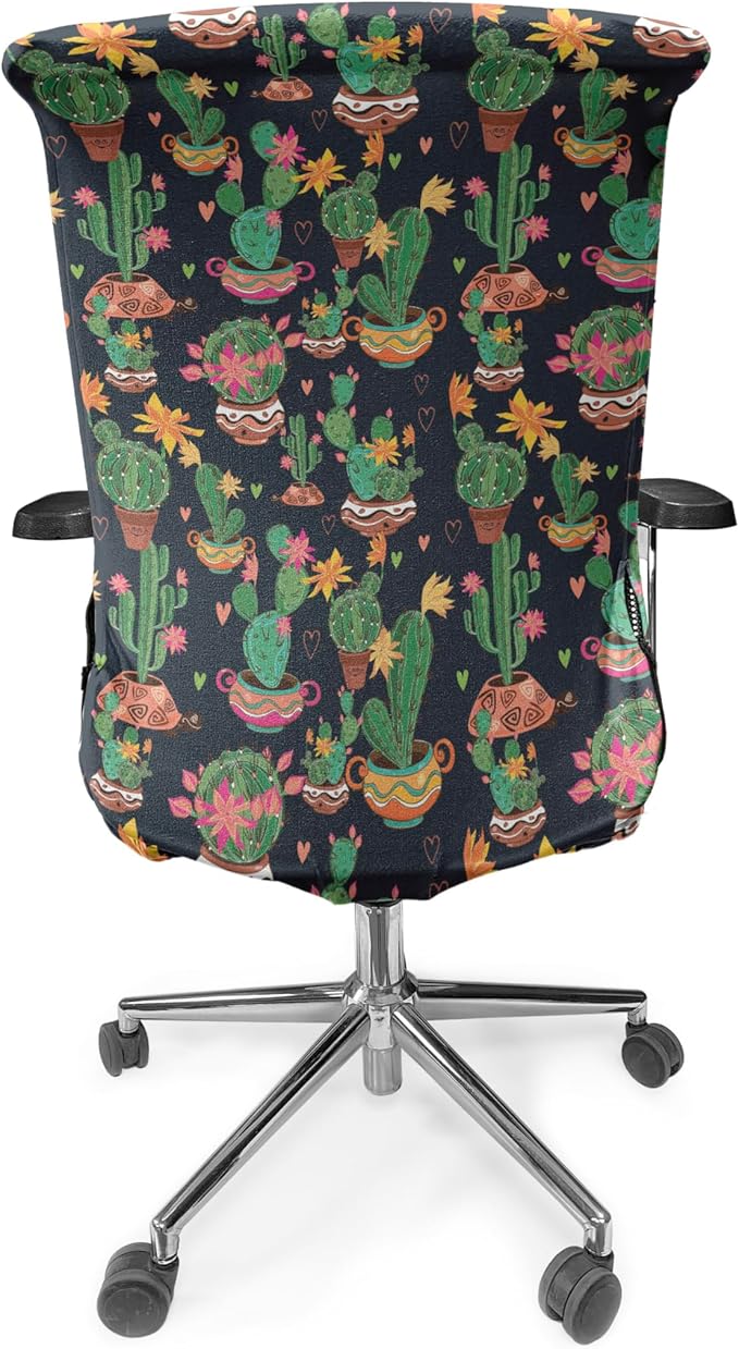 Ambesonne Cactus Print Office Chair Cover, Colorful Layout of Different Shapes of Cacti with Flowers, Stretchable Decorative Universal Size High Back Printed Slipcover, Black Grey