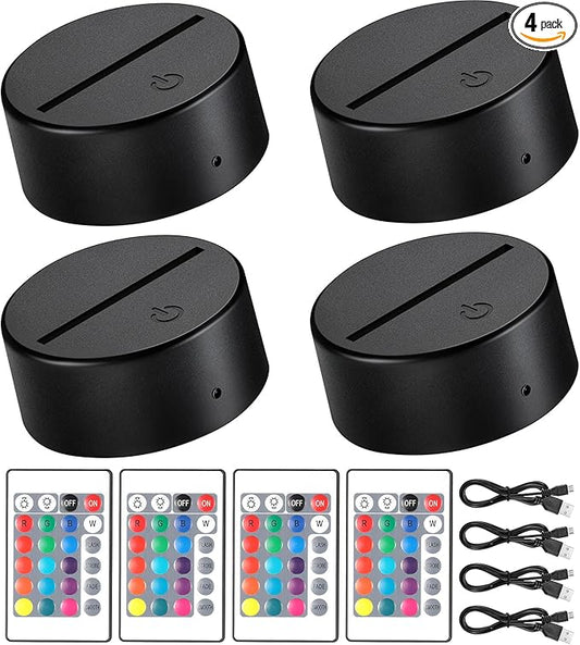 Honoson 4 Pieces 3D Night LED Lamp Base 16 Colors LED Lights Display Base with Remote Control and USB Cable, Lights Frame for Acrylic and Resin Glass, for Restaurant Room Shop in Black