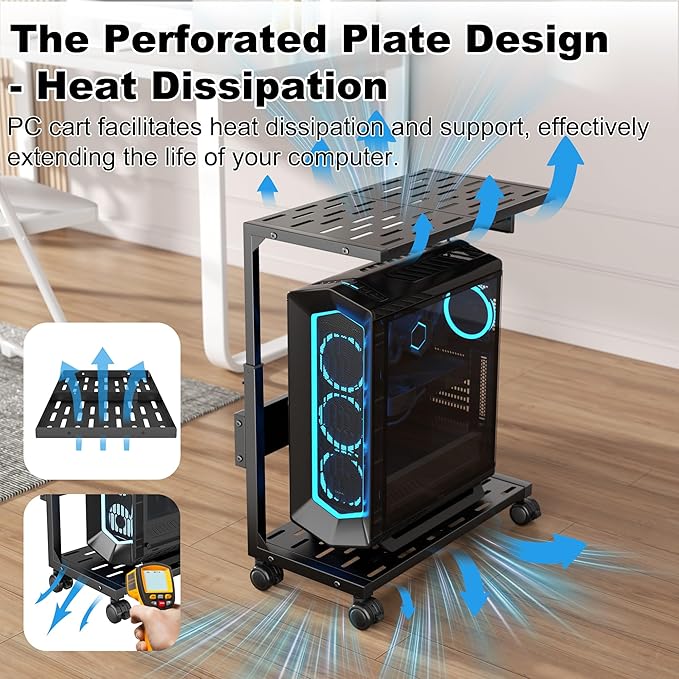 Aquzee PC Stand, Adjustable Computer Tower Stand on Wheels, Heavy Duty Metal Computer Case Cart with Power Strip, Under Desk Rolling PC Holder for Floor Carpet, Gaming Home Office Bedroom, Black