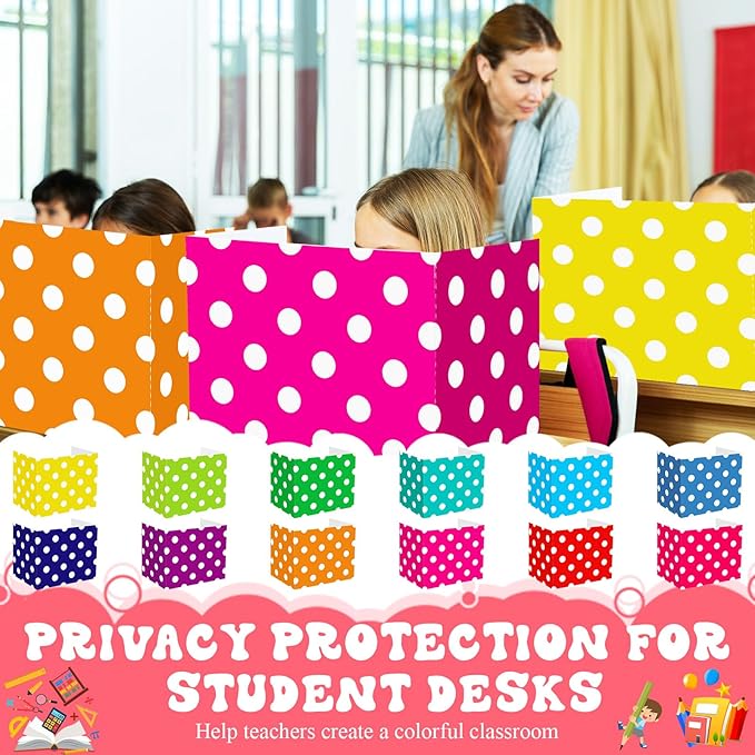 SATINIOR 24 Pcs Privacy Folders for Students, Desk Dividers for Classroom Testing, Student Privacy Boards Classroom Must Have, 12 Colors Study Panel for School Teacher Supplies(Dot)
