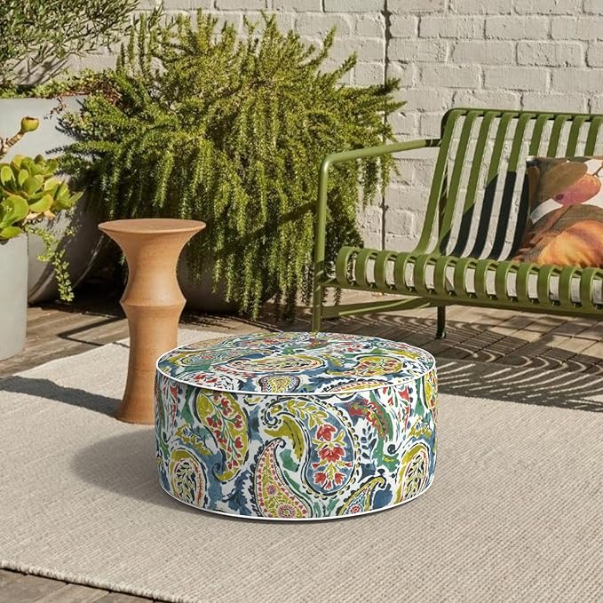Outdoor Patio Inflatable Ottoman, 21x9 Inch Portable Stool Ottoman with Handle, Round Footrest Stool for Home Garden Camping, Paradise Paisley