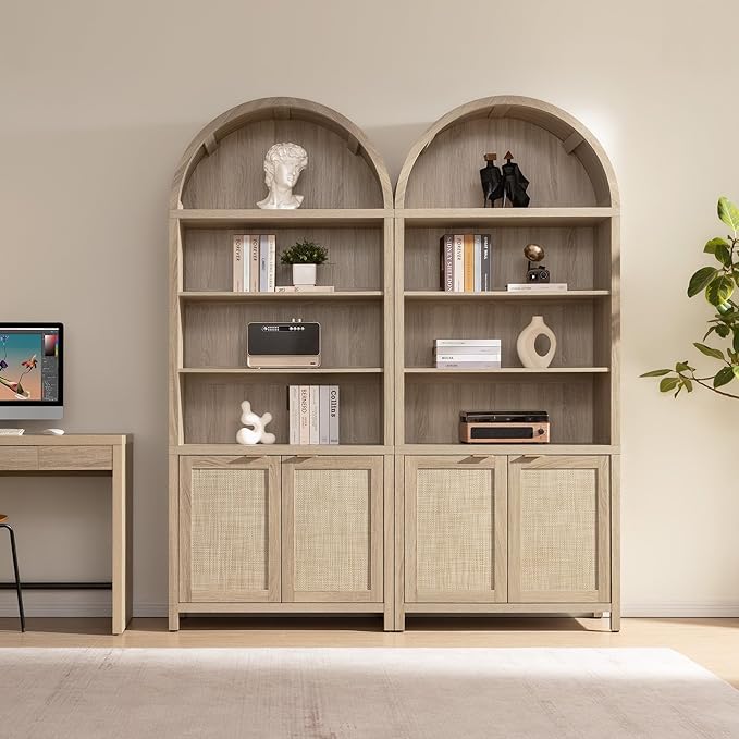SICOTAS Book Shelf Arched Cabinet Bookshelf Arch 84.2" Tall Bookcase 5 Tier Large Bookshelves with Doors Storage Rattan Boho Wide Book Shelves Case for Living Room Kitchen Office Bedroom Library
