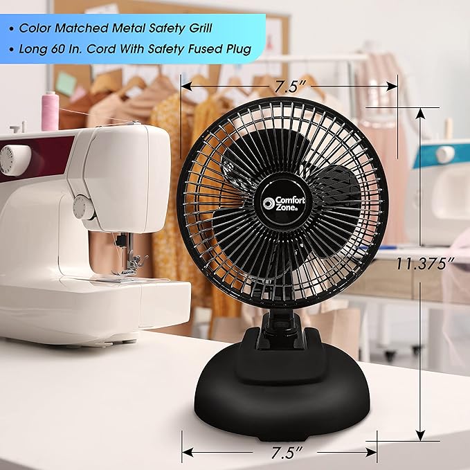 Comfort Zone CZ6XMBK 6” 2-Speed Combo Clip or Desk Fan with Removable Base, Strong Clamp for Firm Grip, Suitable for Bedroom, Office, or Dorm Room, Black