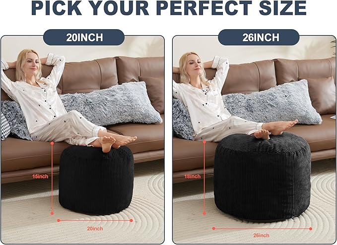 WSOFRLAC Pouf Ottoman Foot Stools Ottoman with Foam Small Corduroy Ottomans for Living Room Ottomans Pouf 20x15 Floor Poufs Foot Rest for Office Chair Black Foot Stool Small