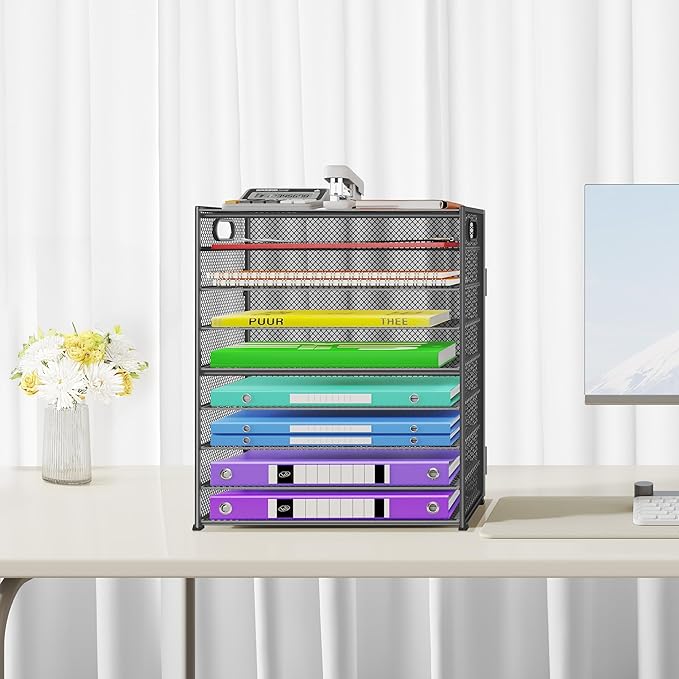 Cawukege 9 Tier Paper Organizer with Handle, 2 Pack Large Capacity Desk Organizer Mesh Paper Letter Tray File Folder Document Sorter for Classroom and Office Accessories Organization- Grey (2 Pack)