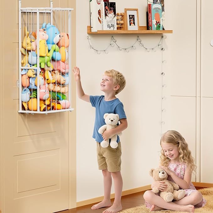 SWTYMIKI Hanging Stuffed Animal Storage - Over Door Large Plush Toy Organizer, Wall Mounted or Corner Stuffie Storage for Nursery, Doll & Bear Plush Organizer for Kid Room Bedroom (White, 2-Tier)