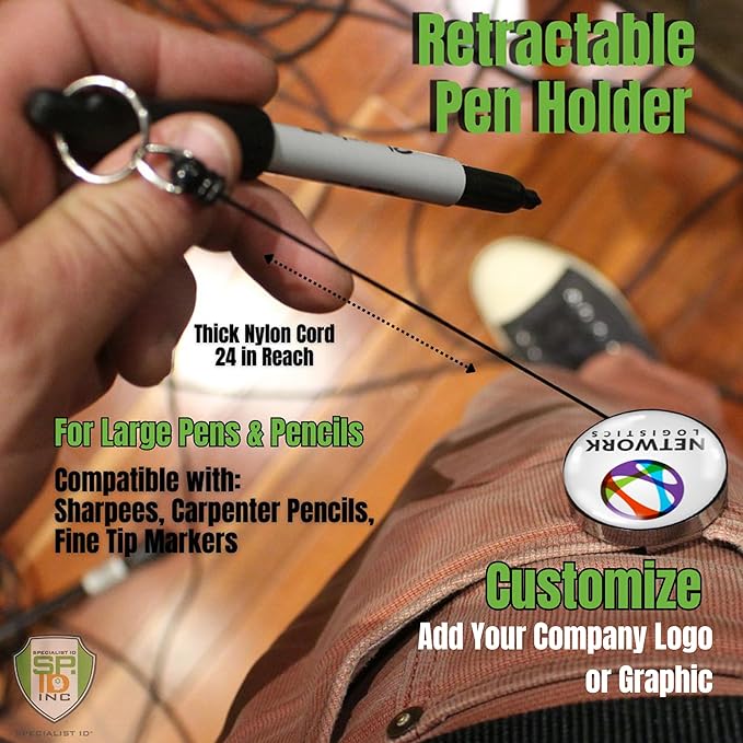 Specialist ID 25 Pack Custom Logo Retractable Pen Reel with Dome Label - Heavy Duty Personalized Marker & Pencil Holder with Metal Belt Clip for Construction, Industrial Work Gear Branding