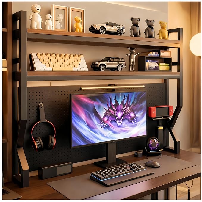 Desktop Hutch Bookshelf,Many Gifts,Metal Desktop Bookcase with pegboard, Desk Shelf, Countertop Storage Organizer Rack for Dorm or Office,Desktop Shelves (Natural+Black, 37.4" Lx9.9 Wx39 H)