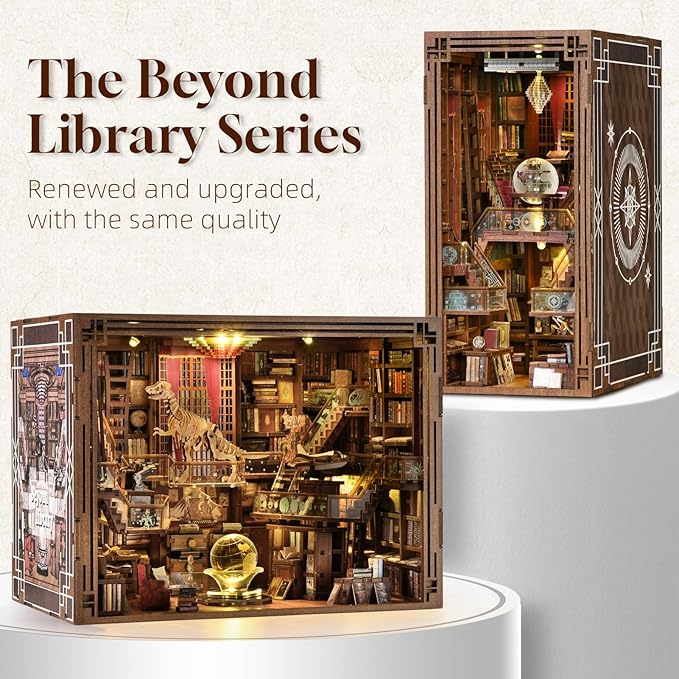 MiniCity Book Nook Kit, DIY Miniature Dollhouse Booknook Kit, 3D Wooden Puzzle Bookend Bookshelf Insert Decor with LED Light for Teens and Adults (Beyond Library Max)