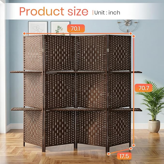 FDW 4 Panel Wood Room Divider - Foldable & Flexible Freestanding Screen, Easy Storage Partition Wall for Home Living Room, Rustic Brown