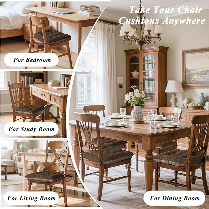 Chair Cushions for Dining Chairs Set of 2 Durable D-Shaped Seat Cushions with Non-Slip Backing Secure Ties Thick Cozy Seat Pad for Kitchen Dining Room Office(18x16.5x3in Coffee)