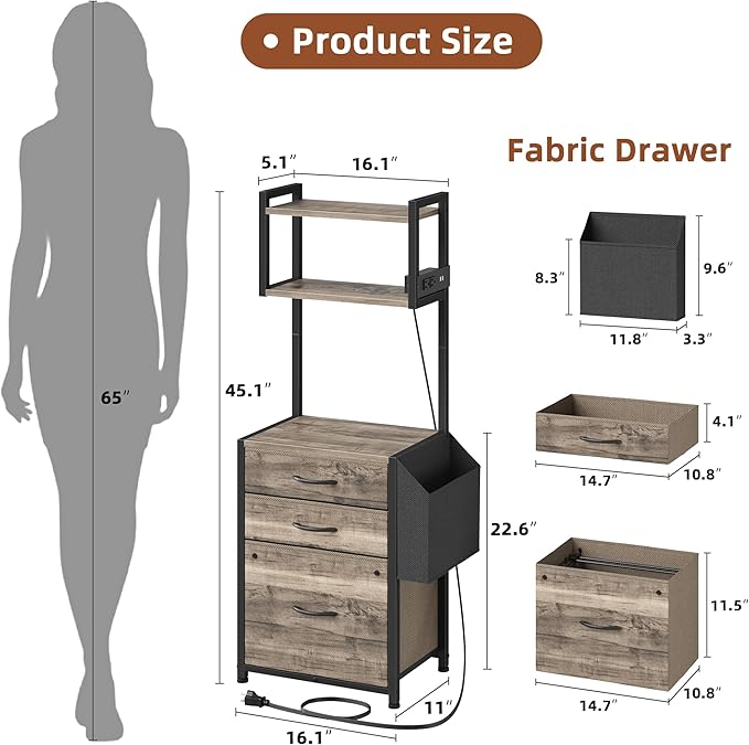 HIGDBFE 3 Drawer File Cabinet with Charging Station, 45''H, 3-Tier Small Filing Cabinet for Home Office, 11''*16'' for Small Printer, Fabric Drawer Fits Letter/A4, Tall Printer Stand, Grey